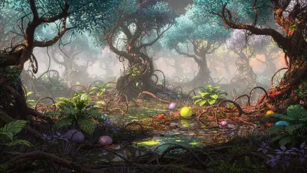 Enchanted misty forest with twisted trees, glowing mushrooms and vibrant foliage — 4K Ultra HD PC Desktop Wallpaper and Background.