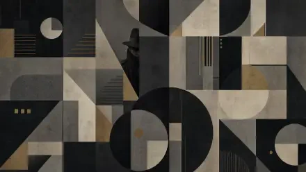 Abstract geometric 4K Ultra HD PC desktop wallpaper showing a shadowy spy silhouette concealed within black, gray and beige shapes and patterns.
