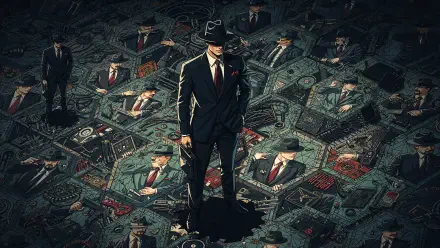 Secret Agent: fedora-clad operative towers over duplicate suited agents atop a collage of currency — 4K Ultra HD PC desktop wallpaper and background.