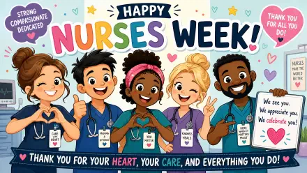 4K Ultra HD PC desktop wallpaper: colorful cartoon nurses celebrate Nurses Week with smiles, hearts, thank-you signs and a bold Happy Nurses Week! banner.