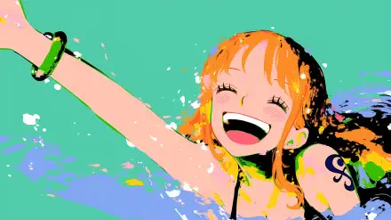 Colorful 2K Quad HD PC desktop wallpaper of Nami (One Piece): joyful anime portrait with outstretched arm, paint-splash effects and turquoise background.