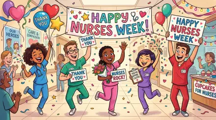 Colorful 5K Ultra HD PC desktop wallpaper: cartoon nurses of diverse backgrounds celebrating under a Happy Nurses Week! banner with balloons, confetti, and thank-you signs.