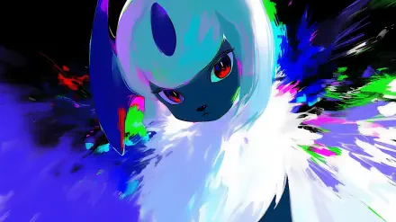 Dark anime-style Absol (Pokémon) portrait with neon paint splashes and glowing red eyes — 2K Quad HD PC desktop wallpaper/background.