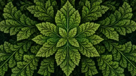 4K Ultra HD PC desktop wallpaper background featuring a symmetrical, detailed green leaf pattern forming a radial, fern-like mandala.