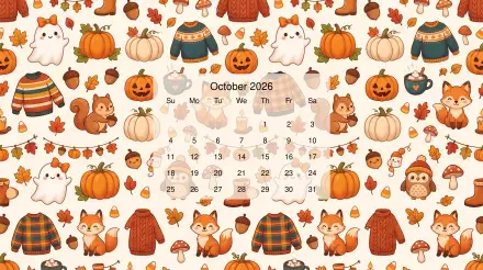 October 2026 calendar centered on a cute autumn pattern of pumpkins, jack-o'-lanterns, ghosts, foxes, squirrels, sweaters and acorns — 5K Ultra HD PC desktop wallpaper/background.