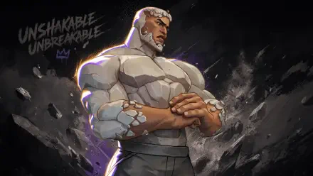 Titan (Invincible) 4K Ultra HD PC desktop wallpaper: towering stone-skinned hero with folded hands, gray beard, rubble and Unshakable Unbreakable text.