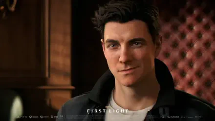 4K Ultra HD PC desktop wallpaper: close-up of a smirking male video game character from 007 First Light wearing a dark jacket against a tufted leather backdrop.