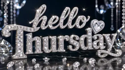 Gleaming jeweled hello Thursday text with dangling crystals and reflective highlights on a dark backdrop — 4K Ultra HD PC desktop wallpaper and background.
