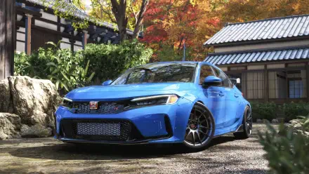 Forza Horizon 6 video game 4K Ultra HD PC desktop wallpaper: blue sports hatchback parked before a traditional Japanese house amid autumn foliage.