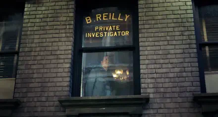 Spider-Man Noir (2026) TV show 2K Quad HD wallpaper: dim brick facade with a window reading B. Reilly Private Investigator and a shadowy figure standing behind the glass.