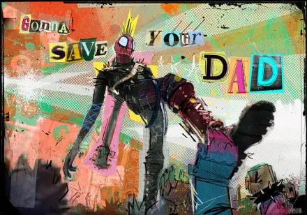4K Ultra HD desktop wallpaper from the movie Spider-Man: Beyond the Spider-Verse — graffiti-style Spider-Man reaching out amid colorful comic-collage and 'SAVE YOUR DAD' cutout lettering
