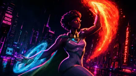 Ella Mental (Invincible) in a neon cyberpunk skyline, summoning a red plasma arc and a blue energy ring — vivid 4K Ultra HD PC desktop wallpaper and background.