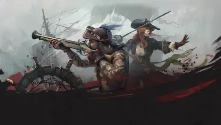 Windrose video game 4K Ultra HD PC desktop wallpaper: two steampunk swashbucklers - one aiming a blunderbuss, the other brandishing a pistol - stand before a stormy sea and ship's wheel.