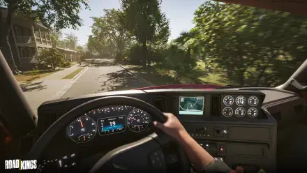 Road Kings video game 4K Ultra HD PC desktop wallpaper and background: first-person truck cockpit view down a sunlit suburban street, detailed dashboard, gauges and steering wheel in foreground.
