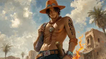 Portgas D. Ace stands shirtless in sunlit desert ruins, flaming arm, signature hat and beads — 4K Ultra HD PC desktop wallpaper background.