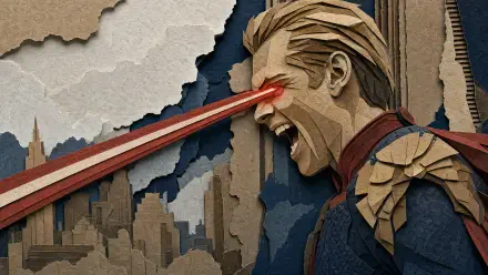 Homelander unleashing red heat vision over a stylized cityscape in textured paper-art style — The Boys (2019) 4K Ultra HD PC Desktop Wallpaper and Background