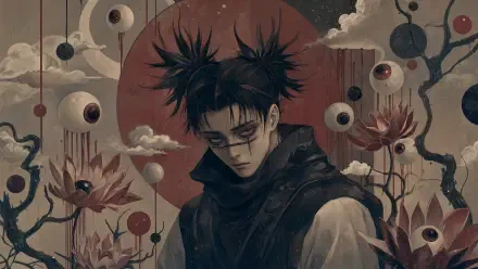 Choso (Jujutsu Kaisen) 4K Ultra HD desktop wallpaper: brooding Choso with spiky hair and dark cloak against a red moon, floating eyes and lotus flowers in a surreal, moody background.