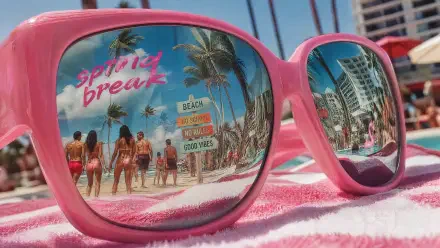 4K Ultra HD PC desktop wallpaper and background: pink sunglasses on a towel reflecting a lively spring break beach with palm trees, signs and sunlit crowds.