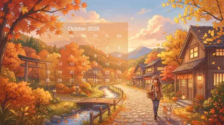 October 2026 calendar on a 5K Ultra HD PC desktop wallpaper and background: autumn village street with golden trees, river and torii gate, person walking with a dog by lantern-lit houses.