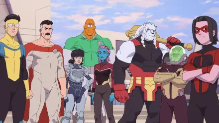 Invincible HD PC desktop wallpaper/background: a diverse team of animated superheroes in colorful costumes posed together against a bright sky.