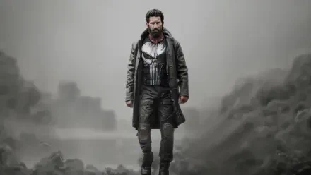 The Punisher: One Last Kill — bearded vigilante in skull chest armor and long coat walks through foggy, ruined city. 5K Ultra HD PC desktop wallpaper and background.