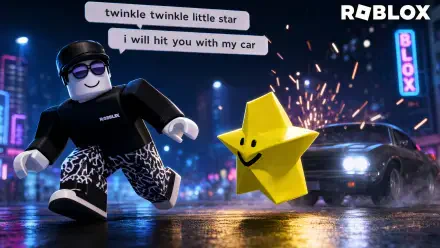 Roblox 4K Ultra HD PC desktop wallpaper and background showing a Roblox avatar running beside a smiling yellow star on a wet neon-lit city street with a car and sparks.