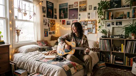 Indie aesthetic 5K Ultra HD PC desktop wallpaper and background: sunlit cozy bedroom with a person playing an acoustic guitar on a patchwork bed, surrounded by posters, string lights, plants and vinyl.