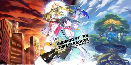 2K Quad HD PC desktop wallpaper for the video game Digimon Story: Time Stranger, depicting the main human characters and Digimon against a split city and nature backdrop.