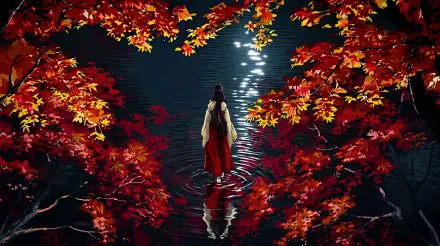 Kikyô from InuYasha, a priestess in red and white, walks on shimmering water beneath crimson autumn leaves — 5K Ultra HD anime PC wallpaper