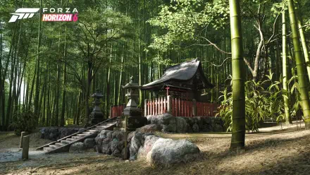 Forza Horizon 6 video game 4K Ultra HD PC desktop wallpaper: sunlit bamboo forest with a traditional Japanese shrine, stone lanterns and mossy rocks in a photorealistic racing-game scene.