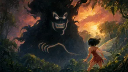 Ferngully: The Last Rainforest 4K Ultra HD PC desktop wallpaper and background — a small fairy faces a towering shadowy spirit beneath a fiery rainforest sky.