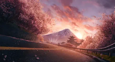 Forza Horizon 6 video game 5K Ultra HD PC wallpaper: winding mountain road with cherry blossoms, guardrail, traditional pagoda and snow-capped peak under a pink-orange sunset.