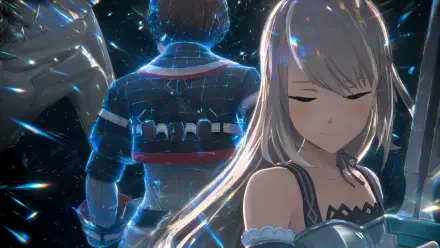 Echoes of Aincrad 4K Ultra HD PC desktop wallpaper: serene silver-haired female with eyes closed in foreground, armored figure facing away amid glowing blue particles and ethereal light.