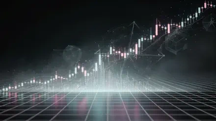 4K Ultra HD PC desktop wallpaper of a glowing stock market chart: candlesticks, rising line graph and illuminated grid reflected on a dark background.
