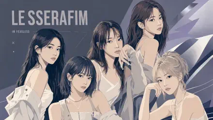4K Ultra HD PC desktop wallpaper: stylized illustration of five women in white outfits against an angular purple-gray background, serene poses and soft, moody lighting.