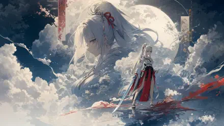 Hiyuki (Wuthering Waves) 4K Ultra HD PC desktop wallpaper: a swordwoman in red-white robes stands on a reflective cloud sea beneath a giant ethereal portrait and full moon.