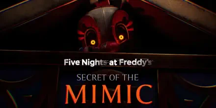 HD PC desktop wallpaper for Five Nights at Freddy's: Secret of the Mimic — a sinister animatronic with glowing yellow eyes peers over the dark MIMIC title.