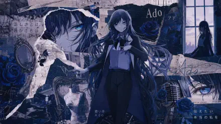 4K Ultra HD PC desktop wallpaper: moody blue collage tagged Ado (Nico Nico Singer) — anime-style singer, roses, torn posters and a vintage microphone.