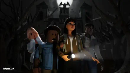 4K Ultra HD Roblox video game PC desktop wallpaper/background: four characters with a flashlight approach a haunted mansion under a moonlit sky with a bat silhouette amid twisted trees.