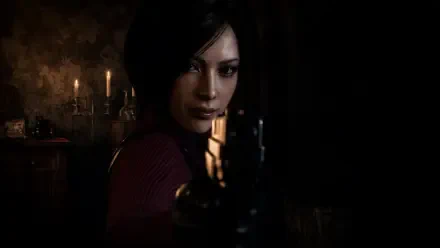 Resident Evil 4: dark-haired woman points a pistol at the viewer in a candlelit room — 4K Ultra HD PC desktop wallpaper background.