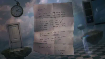 4K Ultra HD PC desktop wallpaper showing a handwritten letter (message) floating in a dreamy, surreal room with a pocket watch, door, checkerboard floor and cloudy sky.