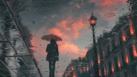 Rainy reflection: silhouetted figure with umbrella on wet street reflecting lamplight and sunset — 4K Ultra HD PC desktop wallpaper and background.
