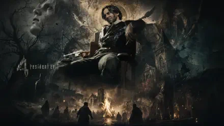 Resident Evil 4 4K Ultra HD PC desktop wallpaper: brooding protagonist seated on a throne above a ruined village, gothic cathedral spires, shadowed figures and a fiery, smoky atmosphere.
