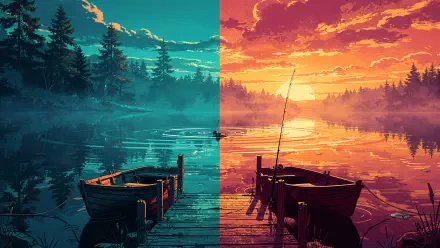 4K Ultra HD PC desktop wallpaper of a secluded fishing spot: two wooden boats at a misty dock, split blue-green dawn and orange-pink sunset over a calm forest lake.