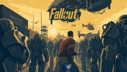 Fallout (TV Show) 4K Ultra HD PC wallpaper: lone figure walks toward a giant Fallout sign as armored soldiers march and airships hover under a hazy yellow sky.