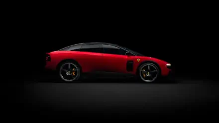 Red Ferrari Luce side profile on a black backdrop, 4K Ultra HD PC desktop wallpaper highlighting the vehicle's sleek silhouette.
