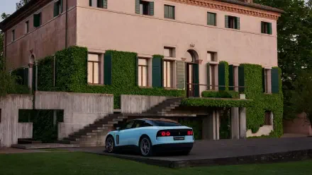 Light blue Ferrari Luce parked by an ivy-covered villa, 4K Ultra HD PC desktop wallpaper and background.