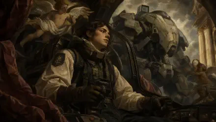 4K Ultra HD PC desktop wallpaper and background of a mech pilot in a cockpit: a young pilot in a flight suit seated beside a massive armored mech, bathed in dramatic, painterly lighting.