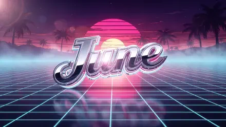 Retro neon June script set against a glowing pink sun, grid-reflected floor and palm silhouettes — 4K Ultra HD PC desktop wallpaper and background.