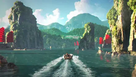 HD PC desktop wallpaper from the video game 007 First Light: speedboat crossing turquoise sea toward karst islands and red-sailed junks beneath sunlit mountains.